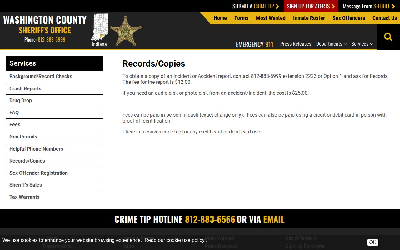Washington County Sheriff's Office booking record and copy policy