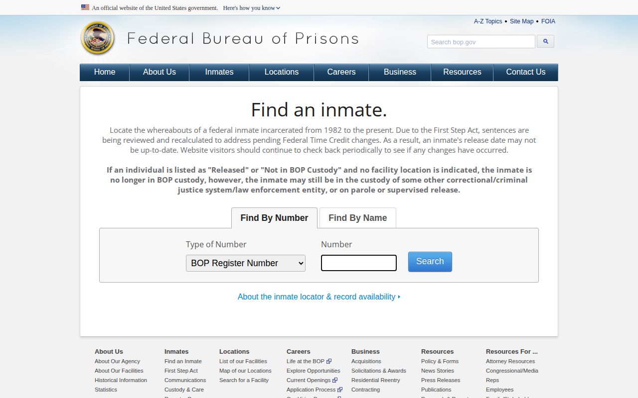 Washington County federal custody record search through BOP
